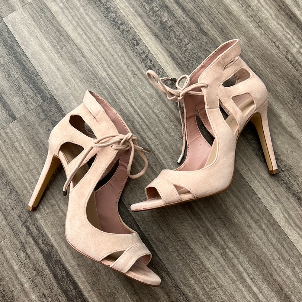 Light pink suede lace up heels